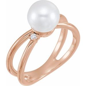 14K Rose Cultured White Freshwater Pearl & .04 CTW Natural Diamond Ring