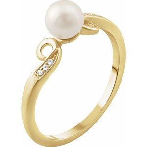 14K Yellow Cultured White Freshwater Pearl & .02 CTW Natural Diamond Ring