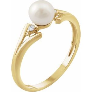 14K Yellow Cultured White Freshwater Pearl & .03 CTW Natural Diamond Ring