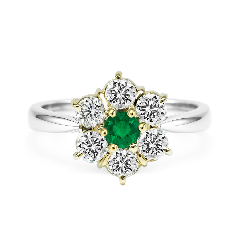 Platinum and 18K Yellow Gold Emerald and Diamond Flower Ring