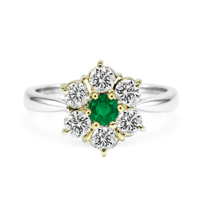 Platinum and 18K Yellow Gold Emerald and Diamond Flower Ring