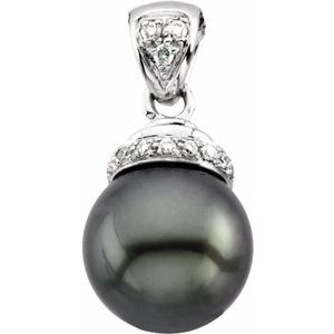 14K White Cultured Black Freshwater Pearl & .07 CTW Natural Diamond Pendant