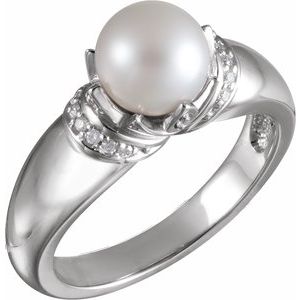14K White Cultured White Akoya Pearl & .09 CTW Natural Diamond Ring