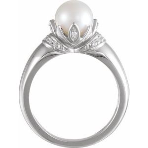 14K White Cultured White Akoya Pearl & .09 CTW Natural Diamond Ring