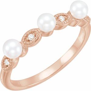 14K Rose Cultured White Freshwater Pearl & .03 CTW Natural Diamond Stackable Ring