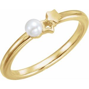 14K Yellow Cultured White Freshwater Pearl Youth Double Star Ring