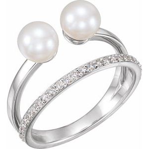 14K White Cultured White Freshwater Pearl & 1/4 CTW Natural Diamond Ring