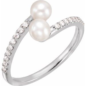 Sterling Silver Cultured White Freshwater Pearl & 1/6 CTW Natural Diamond Bypass Ring