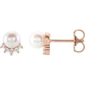 14K Rose Cultured White Freshwater Cultured Pearl & .08 CTW Natural Diamond Earrings