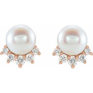 14K Rose Cultured White Freshwater Cultured Pearl & .08 CTW Natural Diamond Earrings