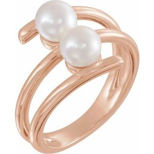 14K Rose Cultured White Freshwater Pearl Two-Stone Ring