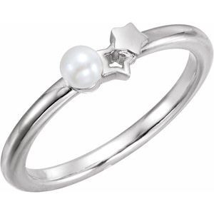 Sterling Silver Cultured White Freshwater Pearl Youth Double Star Ring