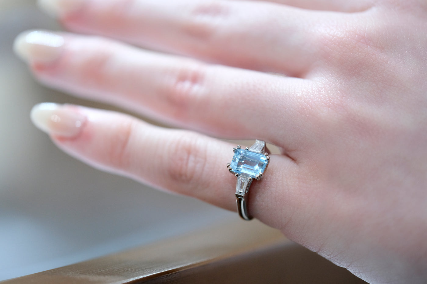 Platinum Emerald-Cut Aquamarine Three-Stone Ring with Tapered Baguette Lab Grown Diamond Sides