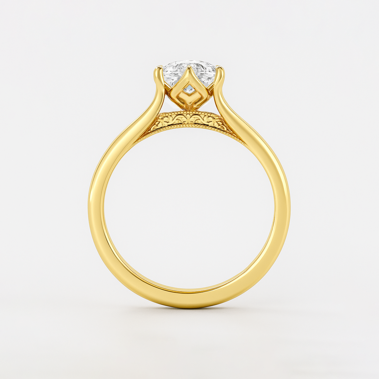 The Aurelia Ring – Elongated Cushion Diamond Six-Claw Solitaire with Tulip Basket & Vintage Gallery