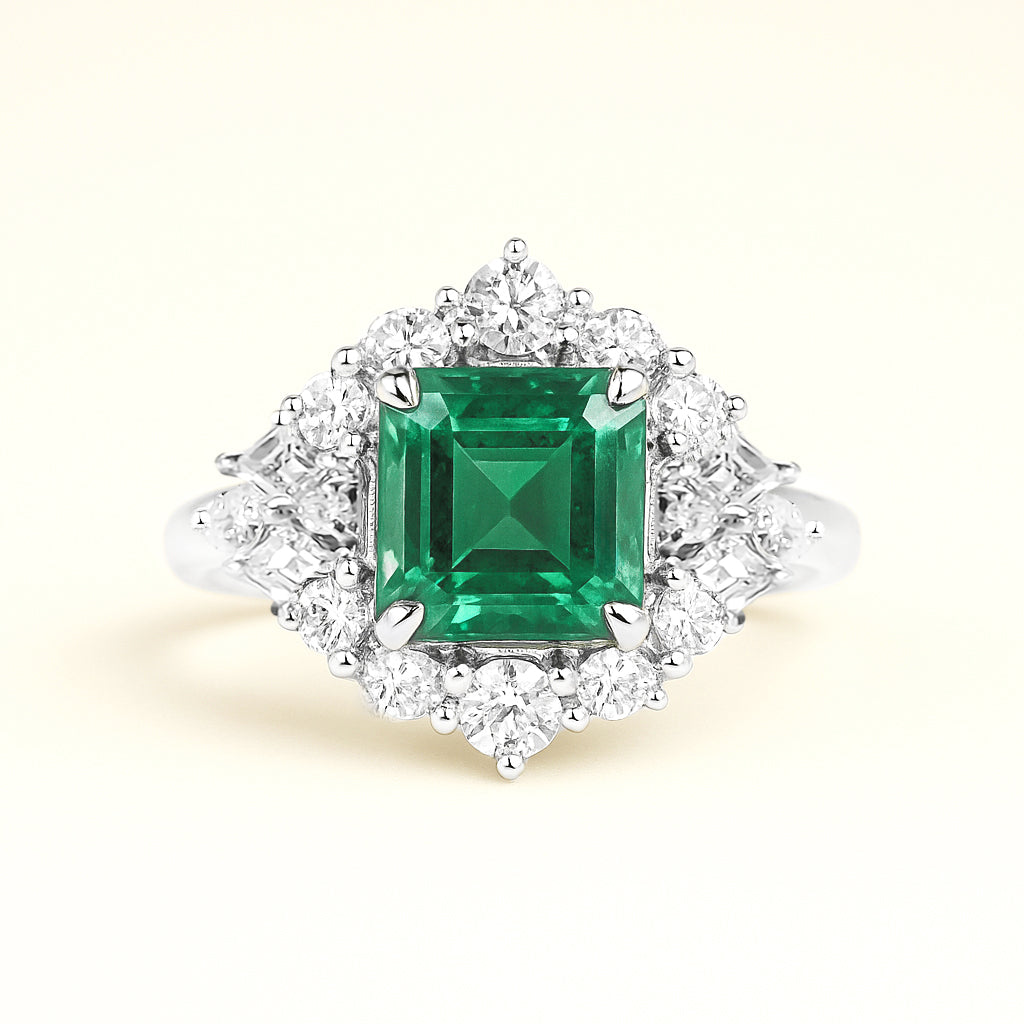 Platinum Emerald & Diamond Halo Ring