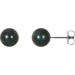 14K White 7 mm Black Akoya Cultured Pearl Earrings