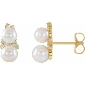 14K Yellow Cultured White Freshwater Pearl & 1/10 CTW Natural Diamond Ear Climbers