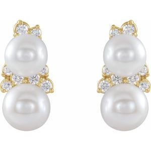 14K Yellow Cultured White Freshwater Pearl & 1/10 CTW Natural Diamond Ear Climbers