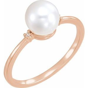 14K Rose Cultured White Freshwater Pearl & .025 CTW Natural Diamond Ring