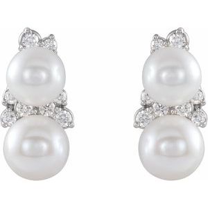 Sterling Silver Cultured White Freshwater Pearl & 1/10 CTW Natural Diamond Ear Climbers