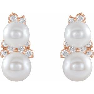 14K Rose Cultured White Freshwater Pearl & 1/10 CTW Natural Diamond Ear Climbers