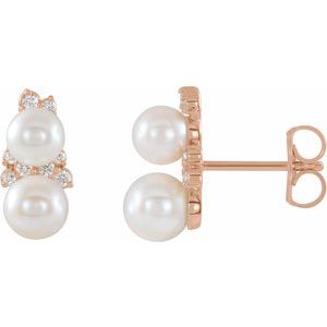 14K Rose Cultured White Freshwater Pearl & 1/10 CTW Natural Diamond Ear Climbers