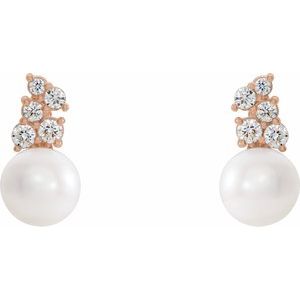 14K Rose Cultured White Freshwater Pearl & 3/8 CTW Natural Diamond Earrings