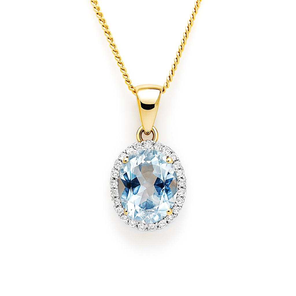 9K Yellow Gold Aquamarine & Diamond Pendant