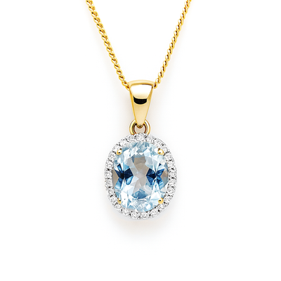 9K Yellow Gold Aquamarine & Diamond Pendant
