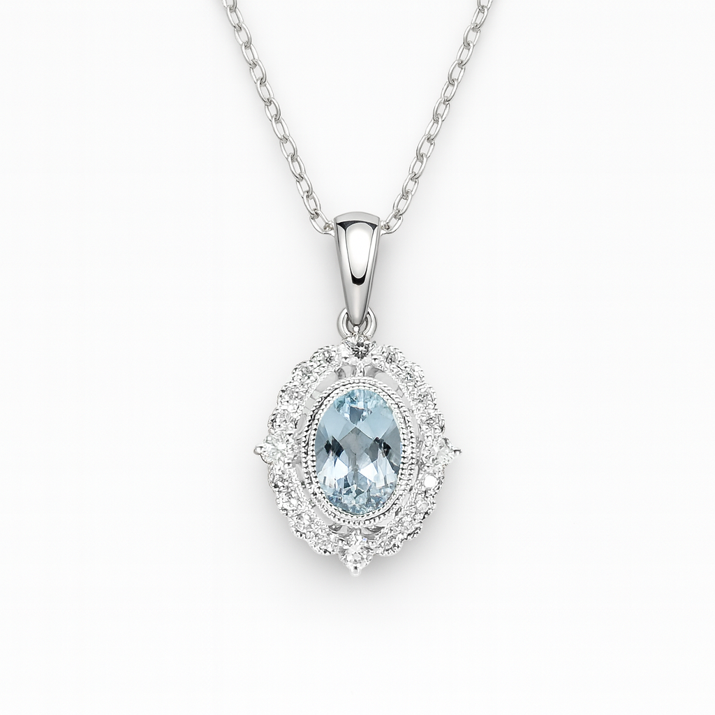 14K White Gold Aquamarine & Diamond Pendant