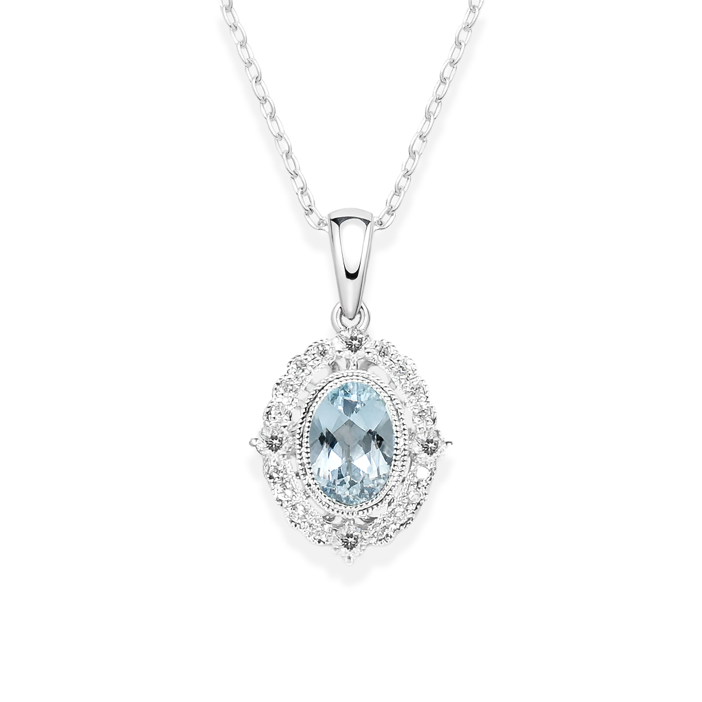 14K White Gold Aquamarine & Diamond Pendant