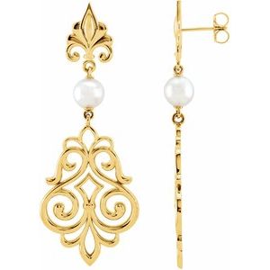 14K Yellow Cultured White Akoya Pearl Fleur-de-Lis Earrings