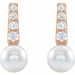 14K Rose Cultured White Freshwater Pearl & 1/6 CTW Natural Diamond Earrings