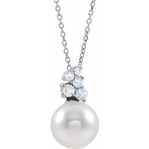 Sterling Silver Cultured White Freshwater Pearl & 1/4 CTW Natural Diamond 16-18" Necklace