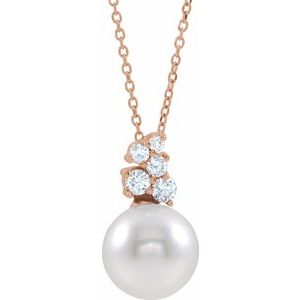 14K Rose Cultured White Freshwater Pearl & 1/4 CTW Natural Diamond 16-18" Necklace