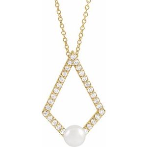 14K Yellow Cultured White Freshwater Pearl & 1/4 CTW Natural Diamond Geometric 16-18" Necklace