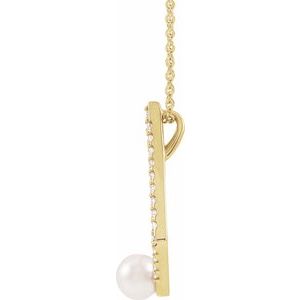 14K Yellow Cultured White Freshwater Pearl & 1/4 CTW Natural Diamond Geometric 16-18" Necklace