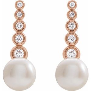 14K Rose Cultured White Freshwater Pearl & 1/8 CTW Natural Diamond Earrings