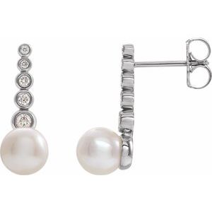 Sterling Silver Cultured White Freshwater Pearl & 1/8 CTW Natural Diamond Earrings