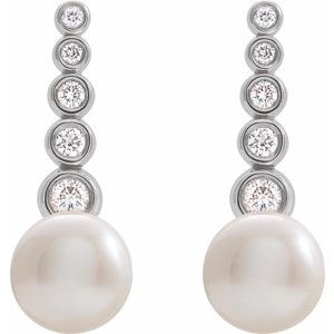 Sterling Silver Cultured White Freshwater Pearl & 1/8 CTW Natural Diamond Earrings