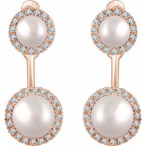 14K Rose Cultured White Freshwater Pearl & 1/5 CTW Natural Diamond Halo-Style Earrings