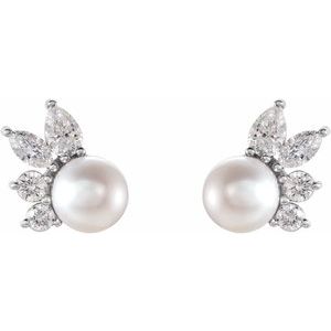 14K White Cultured White Akoya Pearl & 1/2 CTW Natural Diamond Earrings