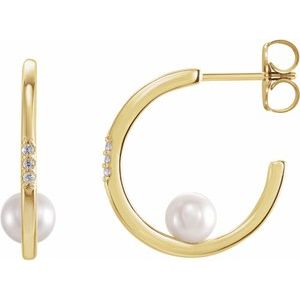 14K Yellow Cultured White Freshwater Pearl & .025 CTW Natural Diamond Hoop Earrings