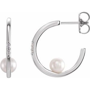 14K White Cultured White Freshwater Pearl & .025 CTW Natural Diamond Hoop Earrings