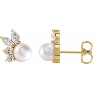 14K Yellow Cultured White Akoya Pearl & 1/2 CTW Natural Diamond Earrings