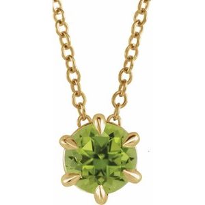 14K Gold, Sterling Silver or Platinum 6 mm Natural Peridot Solitaire 40-45cm Necklace