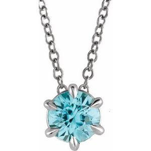 14K Gold, Sterling Silver or Platinum 6 mm Natural Blue Zircon Solitaire 40-45cm Necklace