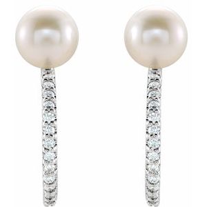 14K White Cultured White Freshwater Pearl & 1/6 CTW Natural Diamond Hoop Earrings