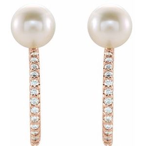 14K Rose Cultured White Freshwater Pearl & 1/6 CTW Natural Diamond Hoop Earrings