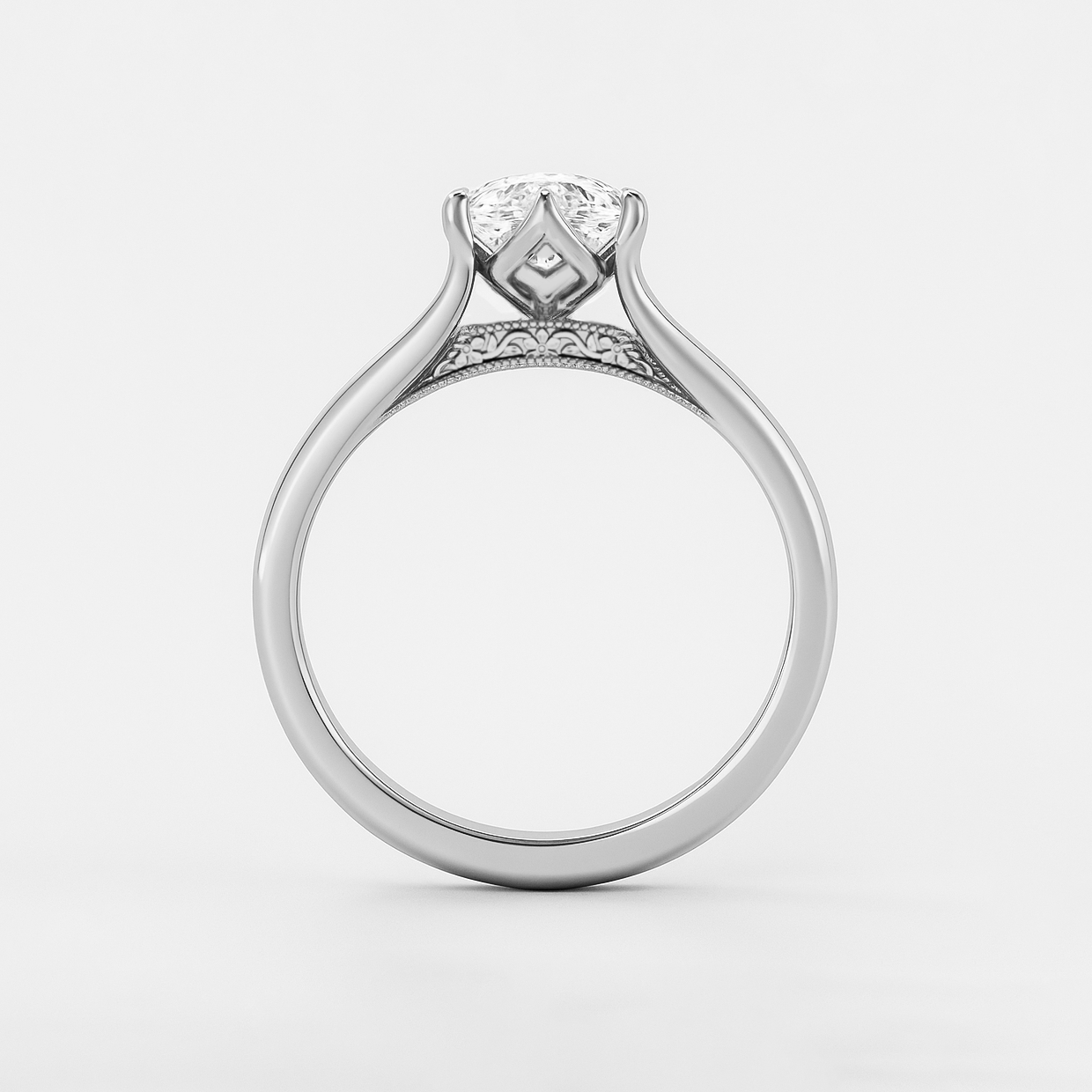 The Aurelia Ring – Elongated Cushion Diamond Six-Claw Solitaire with Tulip Basket & Vintage Gallery
